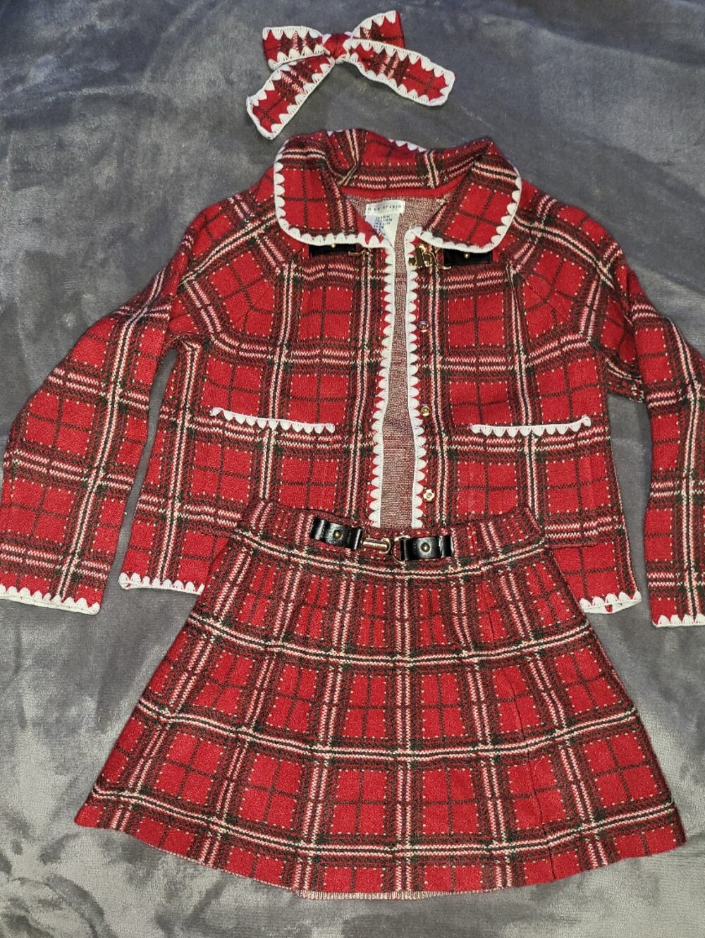 Max Studio Red Plaid Knit Skirt and Jacket Set with White Trim With Bow